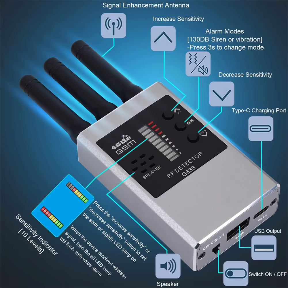 Wireless RF Signal Detector Bug GSM Audio GPS Tracker Mini Camera Finder Camera IR Scanning AI Standby Automatic Detection G638W - Image 5